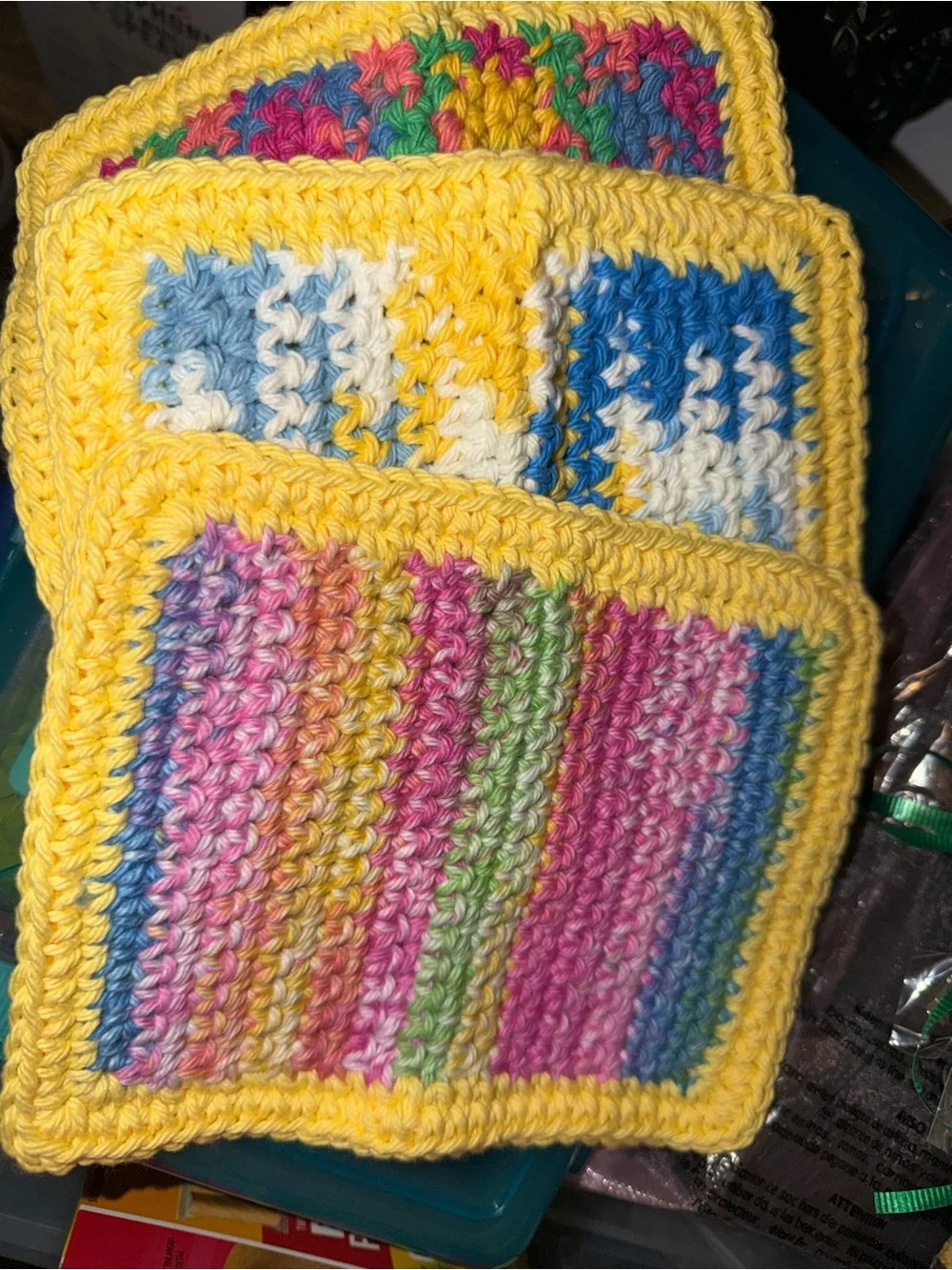 Handmade Yellow-Trim Crochet Washcloths 5x7